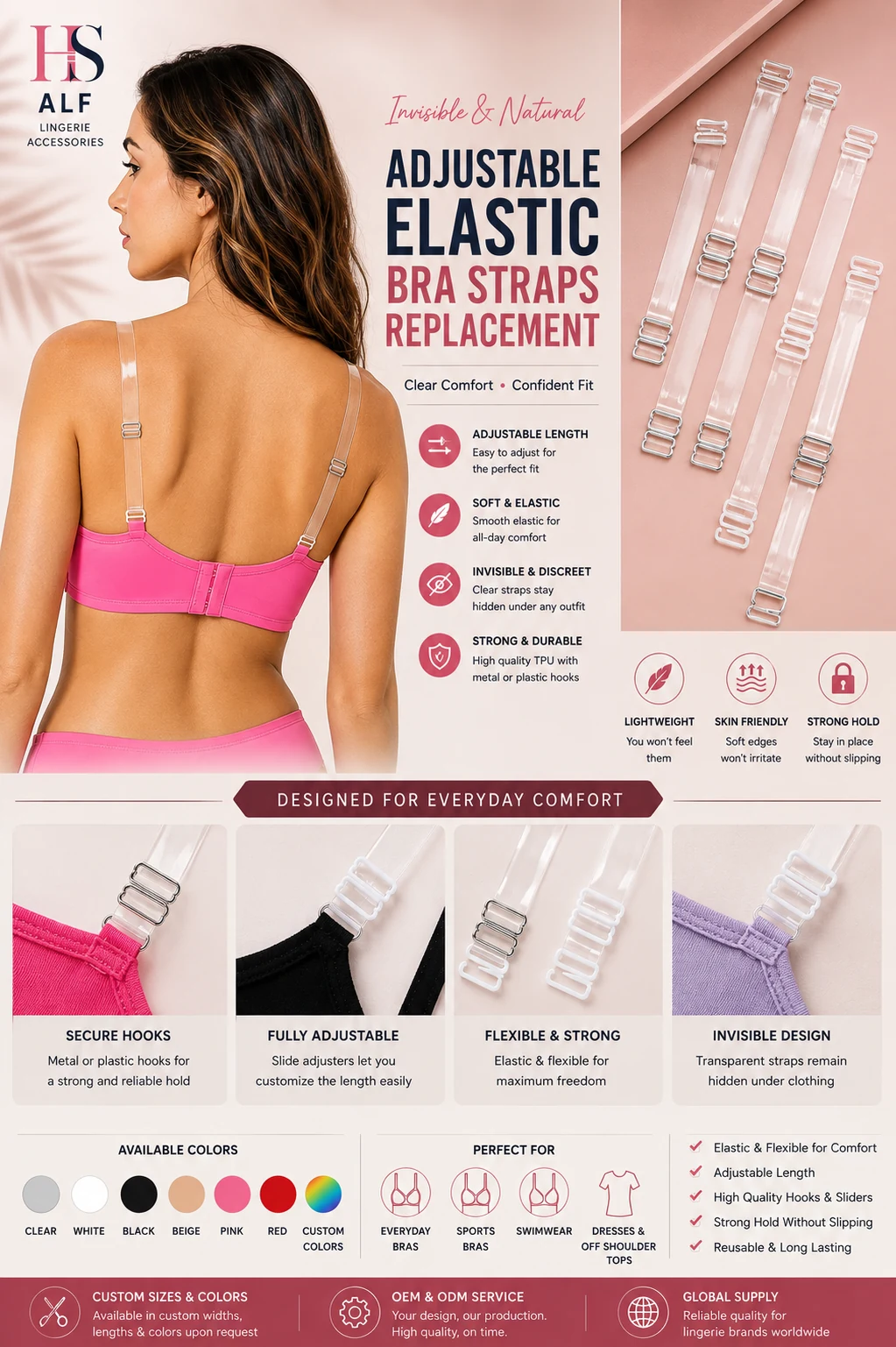 Transparente verstellbare Ersatz-BH-Träger | Unsichtbare klare BH-Träger | Bra, Lingerie and Swimwear Accessories Manufacturer